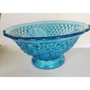 Vintage Aqua Blue Waffle Della Robbia Fruit Panel Glass Punch or Serving Bowl